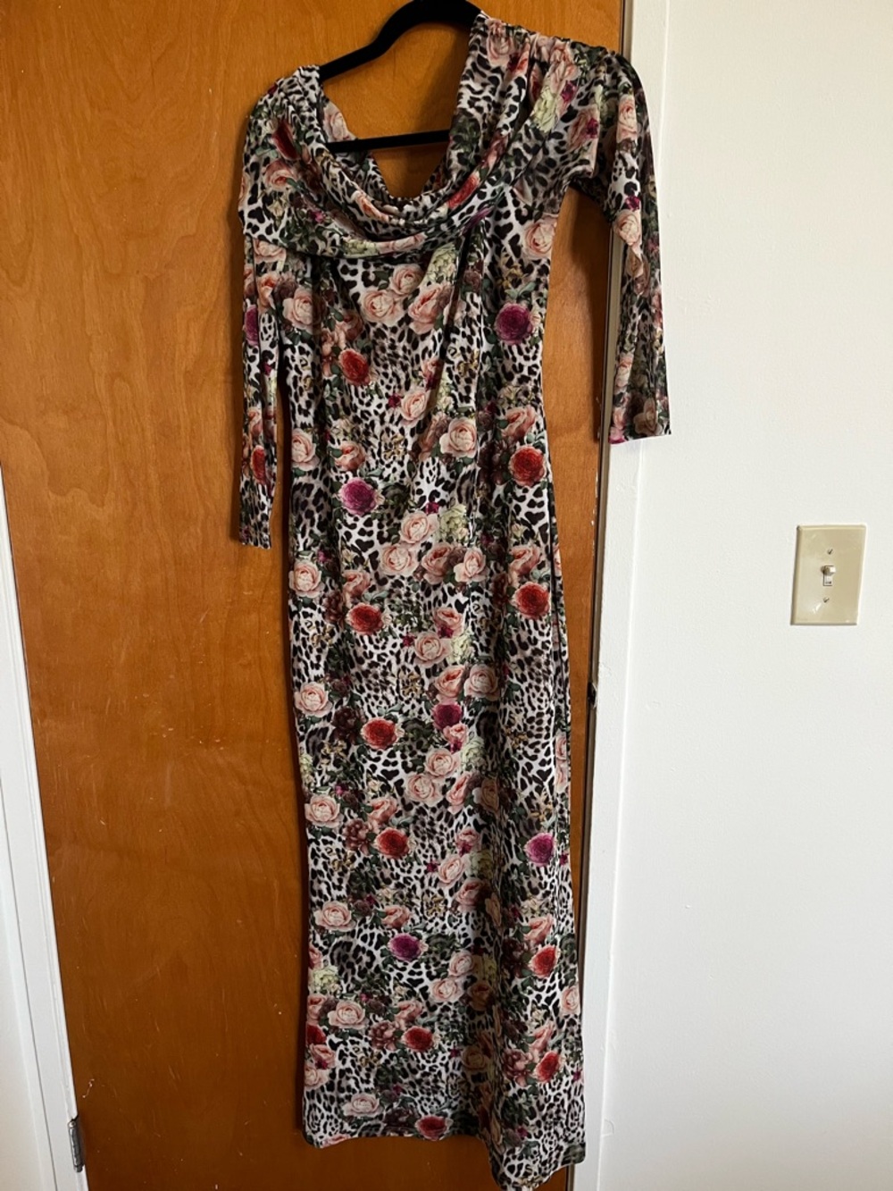 Floral & Leopard Print Long-Sleeve Maxi Dress in Mixed Pink and Black